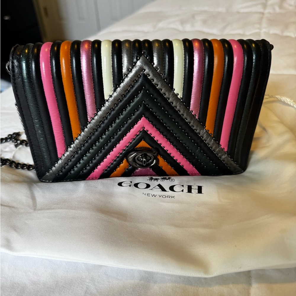 Coach Chevron Stripe Clutch in Black, Pink, Orange, and Cream